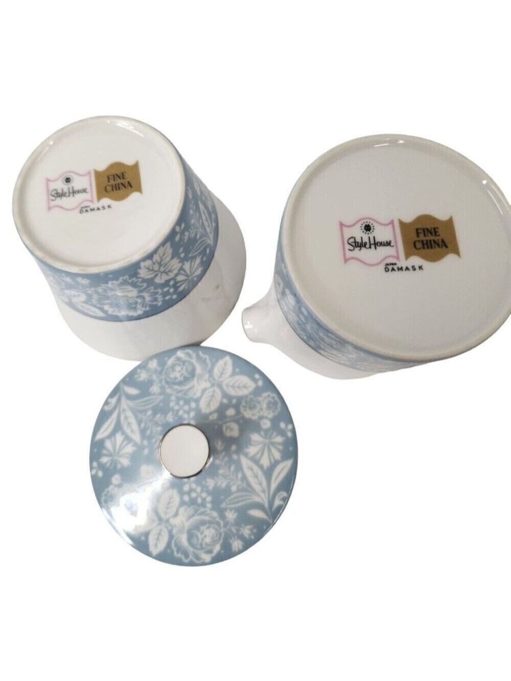 Style House Fine China Creamer Sugar Bowl Blue Floral Damask - Picture 6 of 9